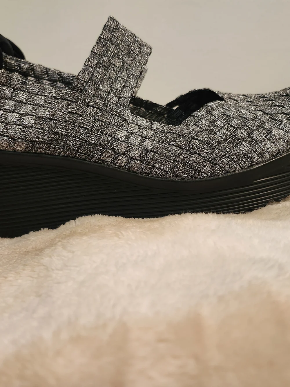 Woven Mary Jane Wedge Shoe in Gray Silver and Black